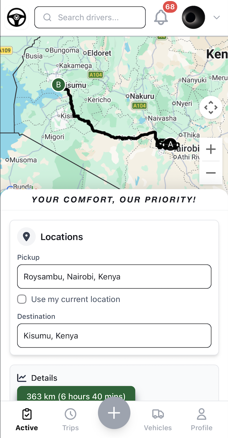 Chauffix app: book a trip with map, pickup, and destination
