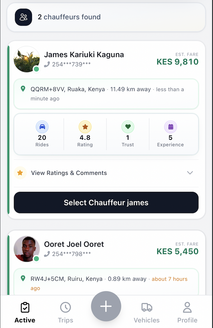 Chauffix app: chauffeur list with estimated fare in Kenyan shillings