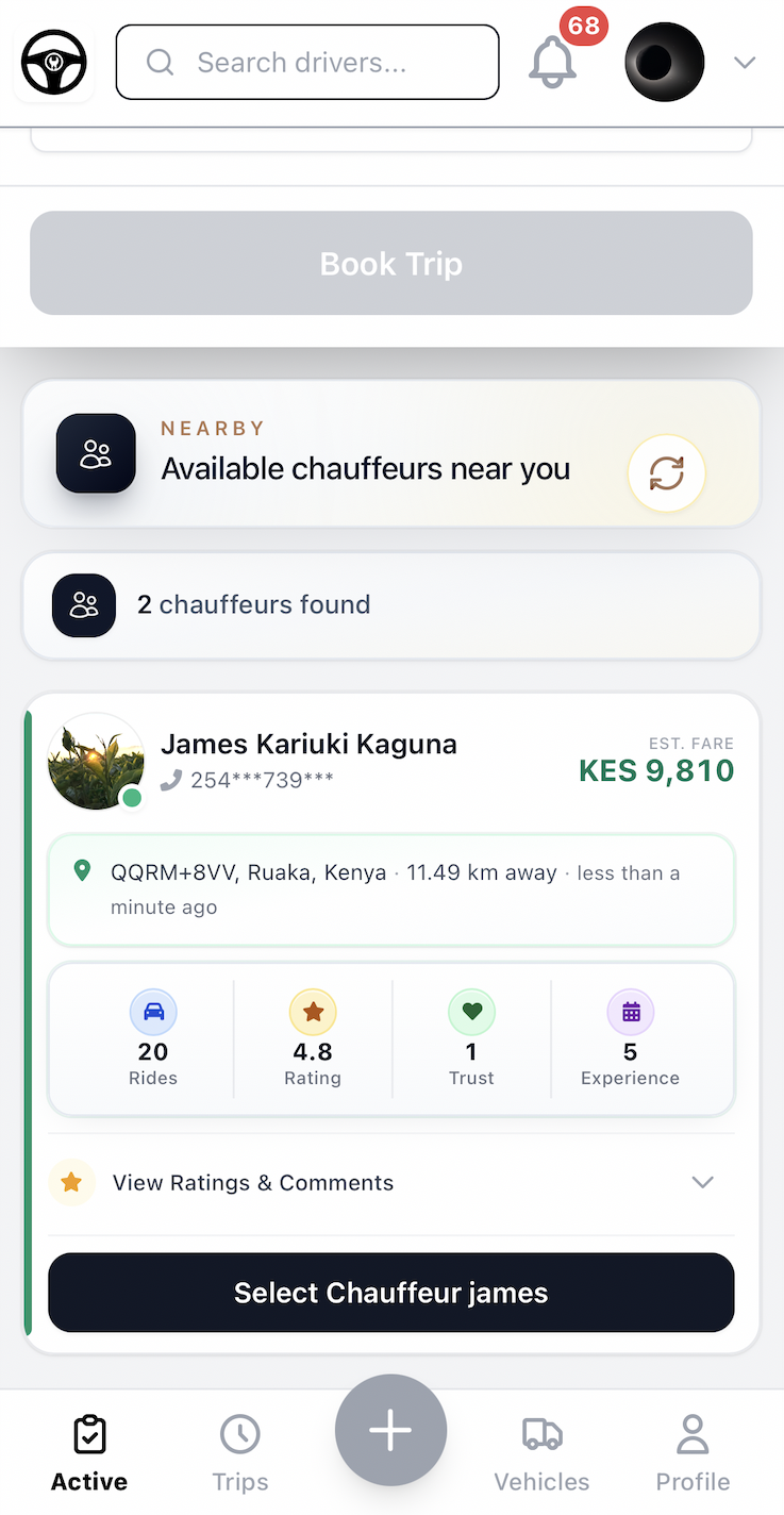 Chauffix app: available chauffeurs with estimated fares and ratings