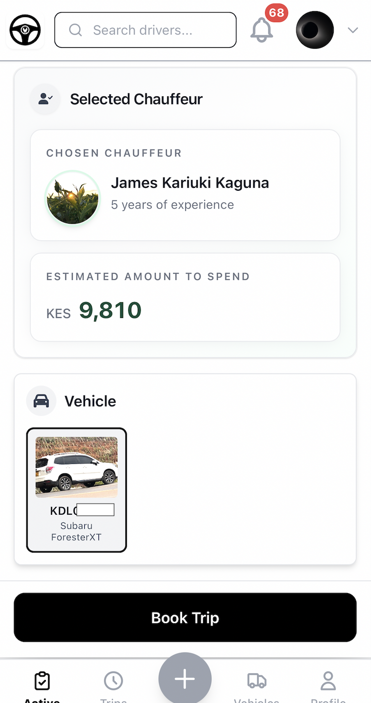 Chauffix app: selected chauffeur, vehicle, estimated KES spend, and Book Trip